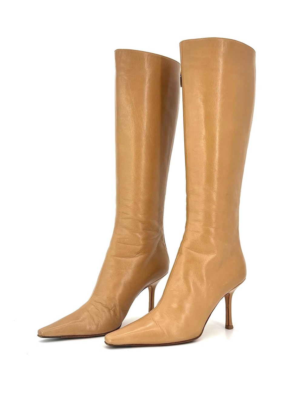 Jimmy Choo Retro Vintage Camel Knee High Back Heel Zip Up Pointed Toe Boots 38